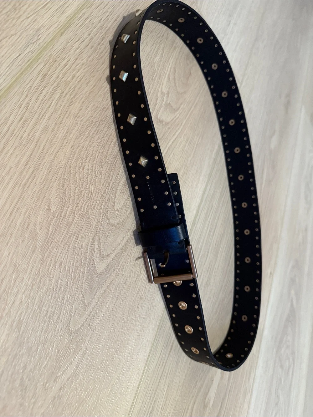 All Saints Black Leather Studded Belt with Gold Hardware